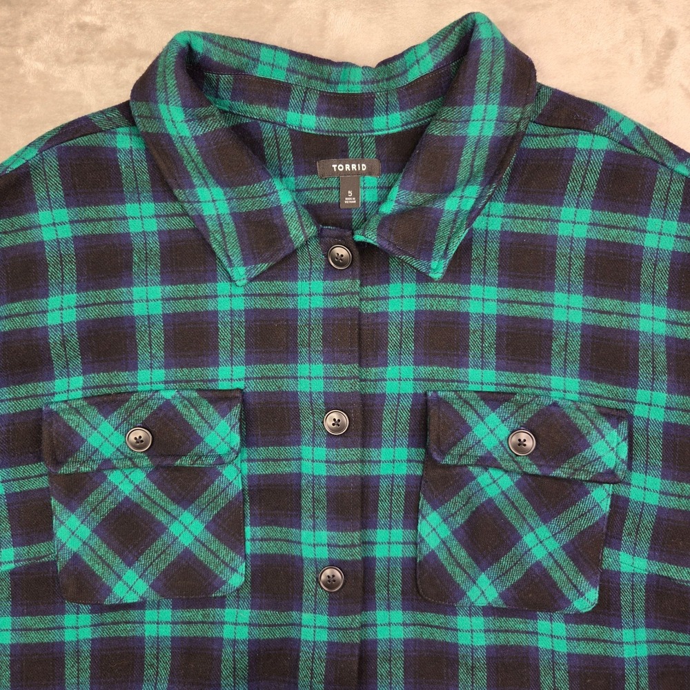 Torrid Women's 5X Plaid Flannel Shacket 100% Cotton Teal Black Shirt Jacket - Picture 4 of 12